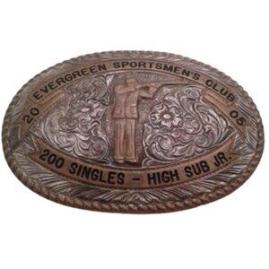 CRUMRINE Evergreen Sportsmen's Club Floral Belt Buckle Bronze Silverplate Rifle